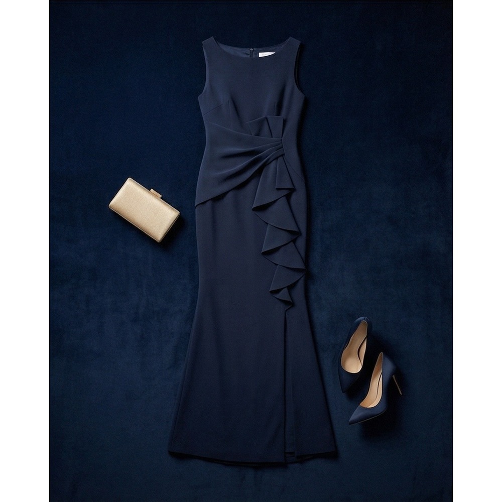 Eliza J 8 Dark Navy Blue (almost Black) Sleeveless Ruffle‎ Front Gown Dress NWT - Picture 4 of 13